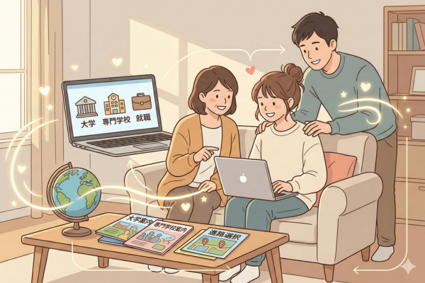 高校生が親と一緒に色々な選択肢を調べてみるイメージ画像