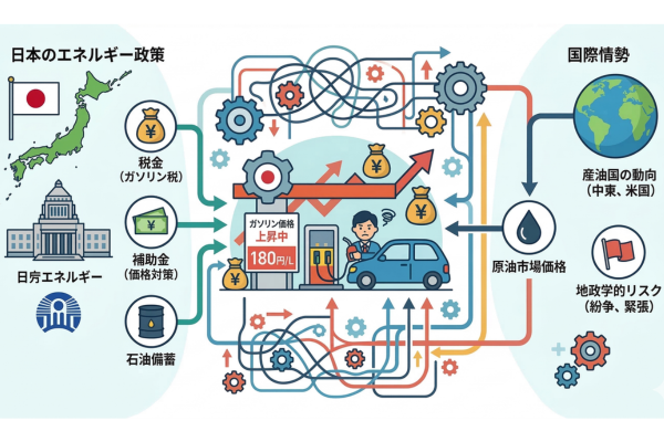 日本のエネルギー政策や国際情勢の複雑な絡みがガソリン価格の値上げに影響しているイメージ図解画像