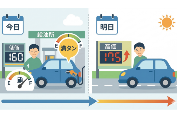 明日からの値上げに備えて、満タン給油をするイメージ図解画像