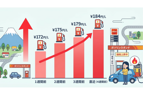 全国平均レギュラーガソリン価格は直近4週間で連続上昇のイメージ図解画像