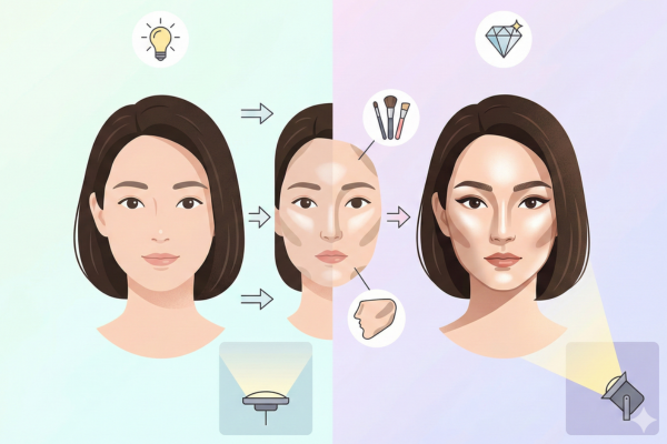 照明効果やメイクの影響でシャープな印象が強調される図解画像