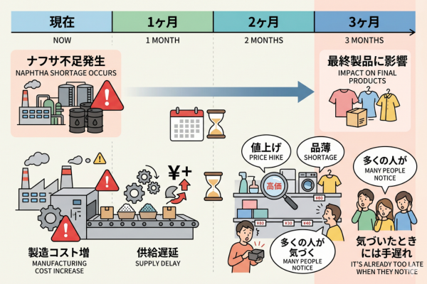 ナフサ不足の影響が最終製品に現れるまでに1〜3ヶ月のタイムラグがあるため、多くの人が気づいたときにはすでに値上げや品薄というイメージ図解画像