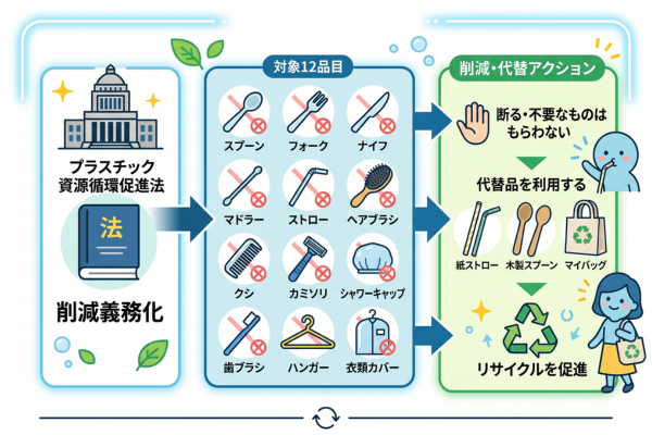 「プラスチック資源循環促進法」によって、ストロー・レジ袋・スプーンなど使い捨てプラスチック12品目の削減が義務化されているというイメージ図解画像