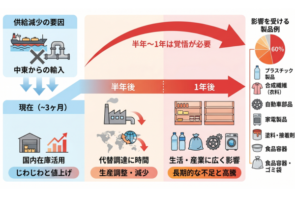 ナフサ不足の影響が少なくとも半年から1年は覚悟が必要というイメージ図解画像