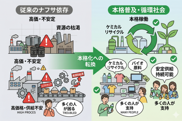 ケミカルリサイクルやバイオ原料への転換が本格化しているというイメージ図解画像