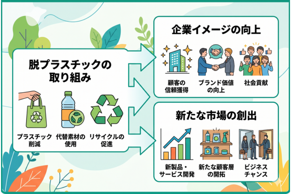 脱プラの取り組みは企業イメージの向上にもつながり、新たな市場を生み出す可能性もあるというイメージ図解画像
