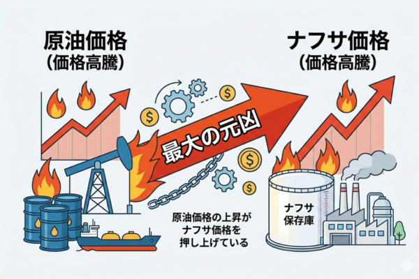 ナフサの価格高騰の最大の元凶は原油価格というイメージ図解画像