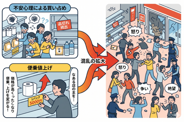 不安心理による買い占めと便乗値上げが混乱を拡大させたというイメージ図解画像