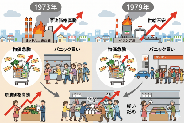 1973年と1979年、日本は2度にわたるオイルショックを経験し、物価の急騰やパニック買いに見舞われたというイメージ図解画像
