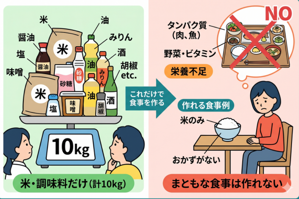 10kgあっても、調味料と米しかなければ、まともな食事は作れないというイメージ図解画像